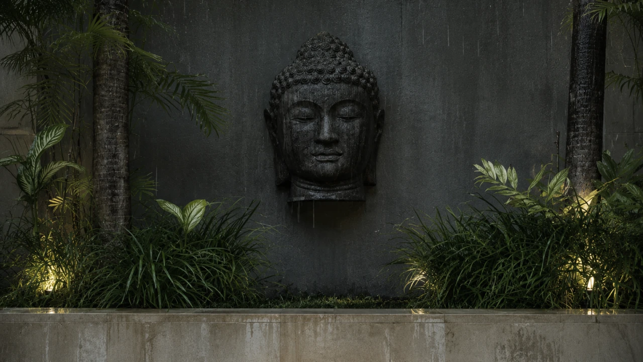 Lush tropical garden during the rainy season in Bali with peaceful wellness surroundings.