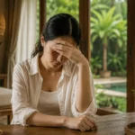 Traveler feeling unwell while staying in a villa in Bali, highlighting travel health and wellness support.