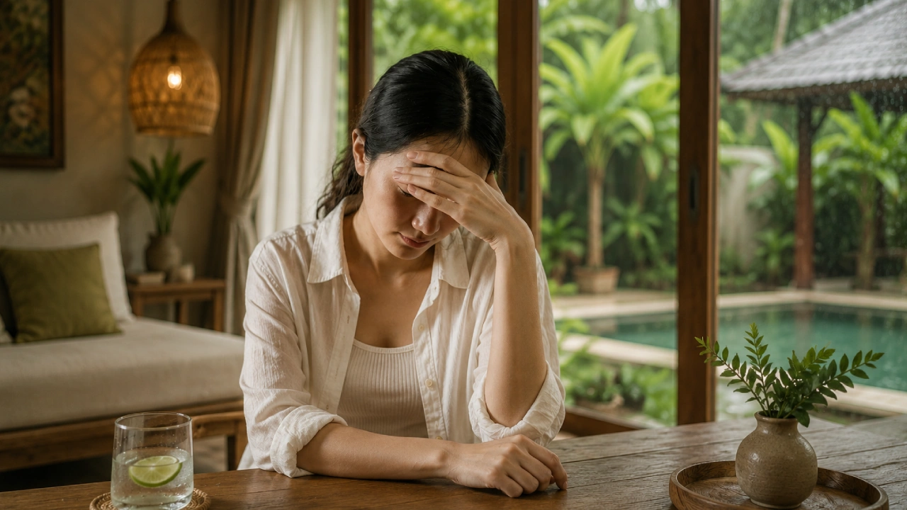 Traveler feeling unwell while staying in a villa in Bali, highlighting travel health and wellness support.