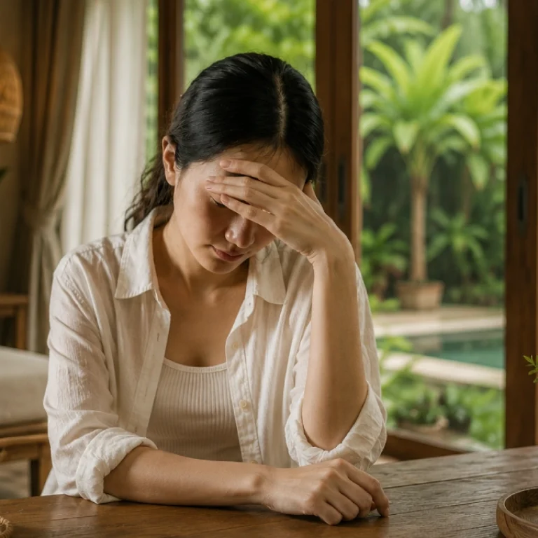 Traveler feeling unwell while staying in a villa in Bali, highlighting travel health and wellness support.